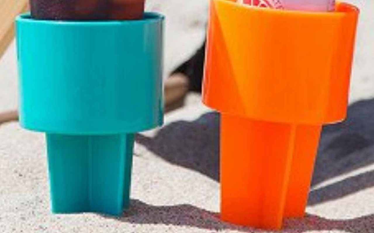 Spiker Sand Drink Holders are about $10 apiece or in multi-color multi-packs at a discount.