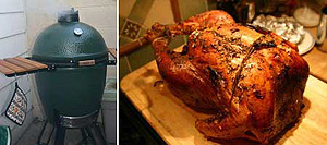 Craig LaBan´s new Big Green Egg grill "puffing away" and the turkey he cooked in it, "just waiting to be sliced."<br />