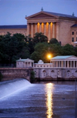 The Philadelphia Museum of Art and the Waterworks just after sunset as viewed from the West River Drive.