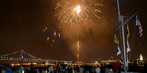 Fireworks over the Ben Franklin Bridge during a display at Penn&acute;s Landing. (TOM GRALISH / Staff Photographer)