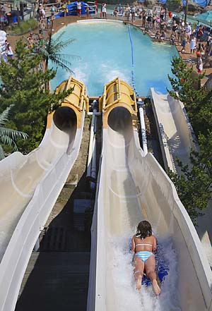A unidentified rider slides head first down one of the water slides at Ocean Oasis water park on Morey´s Pier in Wildwood, New Jersey on July 2, 2008. <br />David Maialetti / Philadelphia Daily News<br />