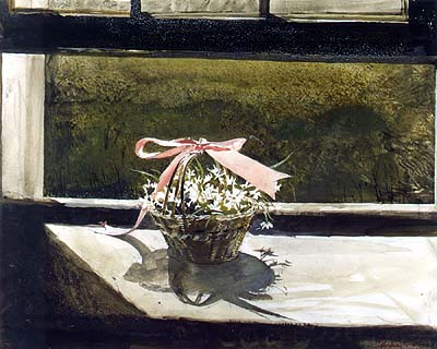 Andrew Wyeth (Born 1917), May Basket, 1984, tempera and watercolor on paper, Collection of Andrew and Betsy Wyeth.  Works by Andrew Wyeth and Golden Impressions by Donald Pywell at Brandywine River Museum. 