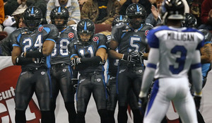 The Soul's kickoff team strikes a menacing pose before the game. Chris Greisen's seven touchdown passes proved too much for the home team.